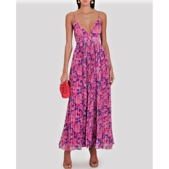 Rococo Sand Lei M maxi dress Pink deep plunge pleated flowy resort - Picture 1 of 12